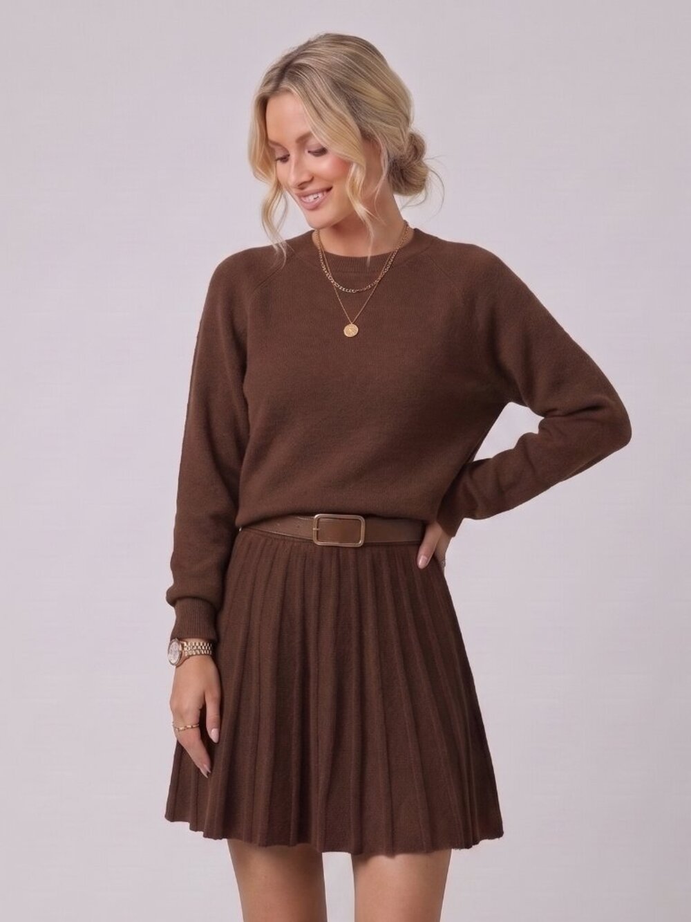 Women's Brown Raglan Sweater Pleated Mini Skirt Knit Two Piece Set Fall Outfit - Picture 1 of 5